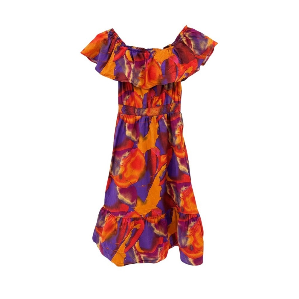 Nine West Off Shoulder Colorful Abstract Dress Ruffle Smocked Waist Boho EUC